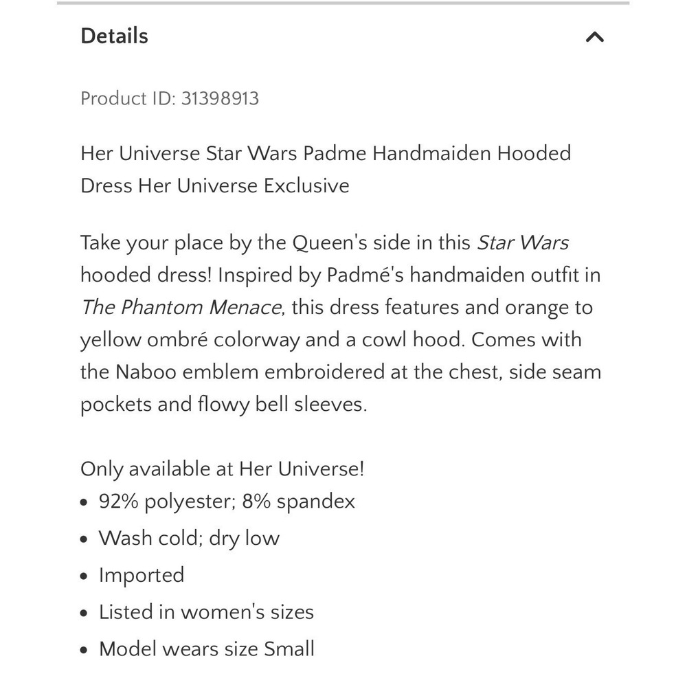 Star Wars Her Universe Dress Padme Handmaiden Hooded Dress Exclusive SZ M Disney - Picture 11 of 11